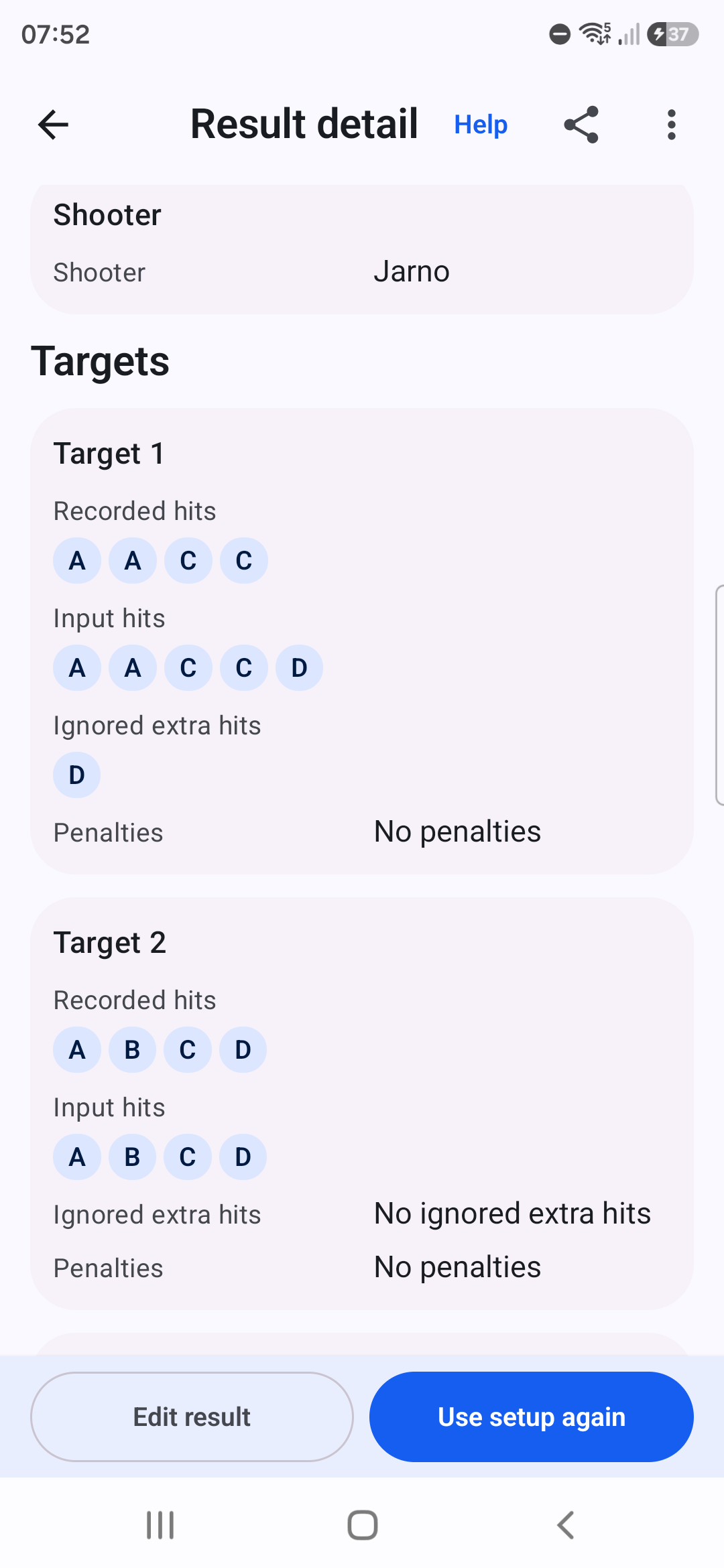 Targune Result detail for Target 1 showing recorded A A C C, input A A C C D, and ignored extra hit D