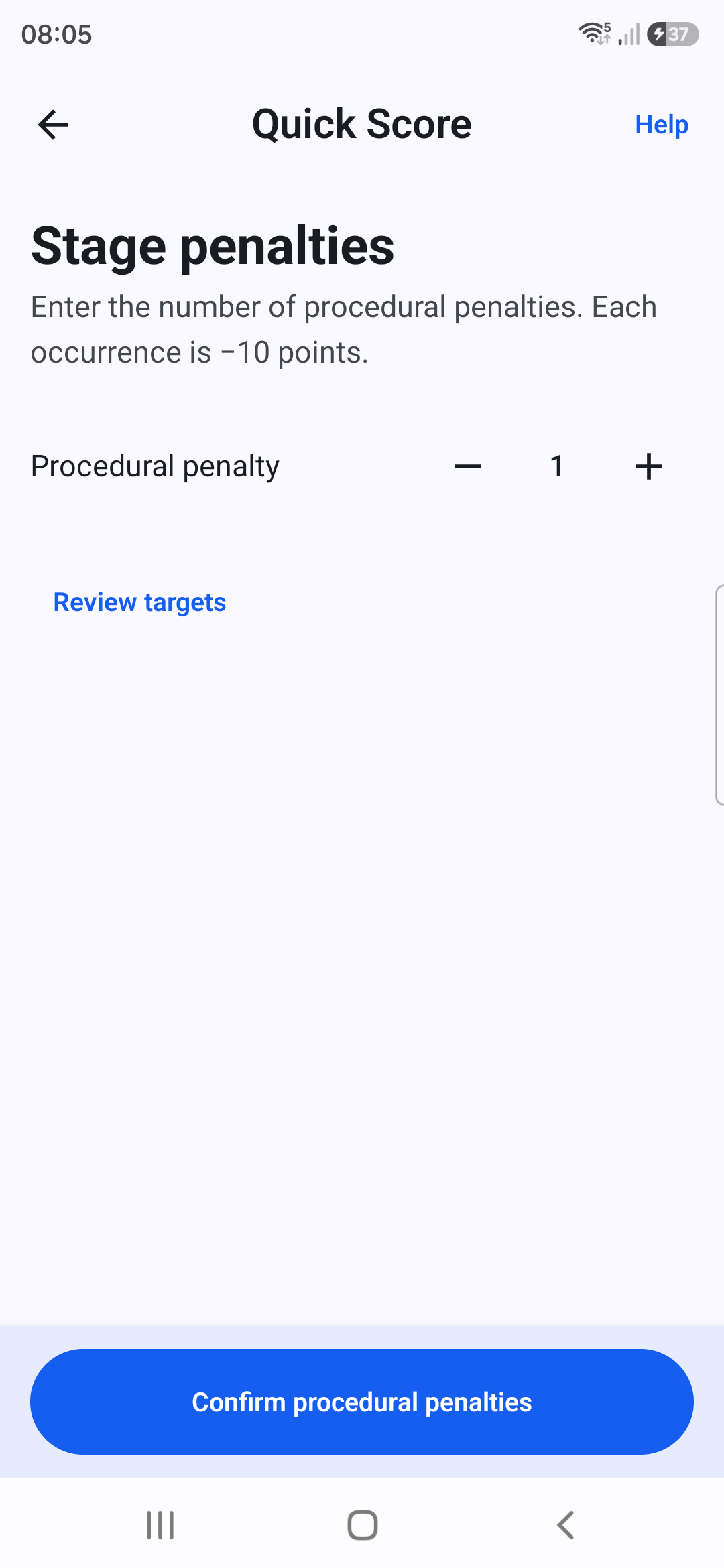 Targune Stage penalties review with Procedural penalty set to 1, worth minus 10 points