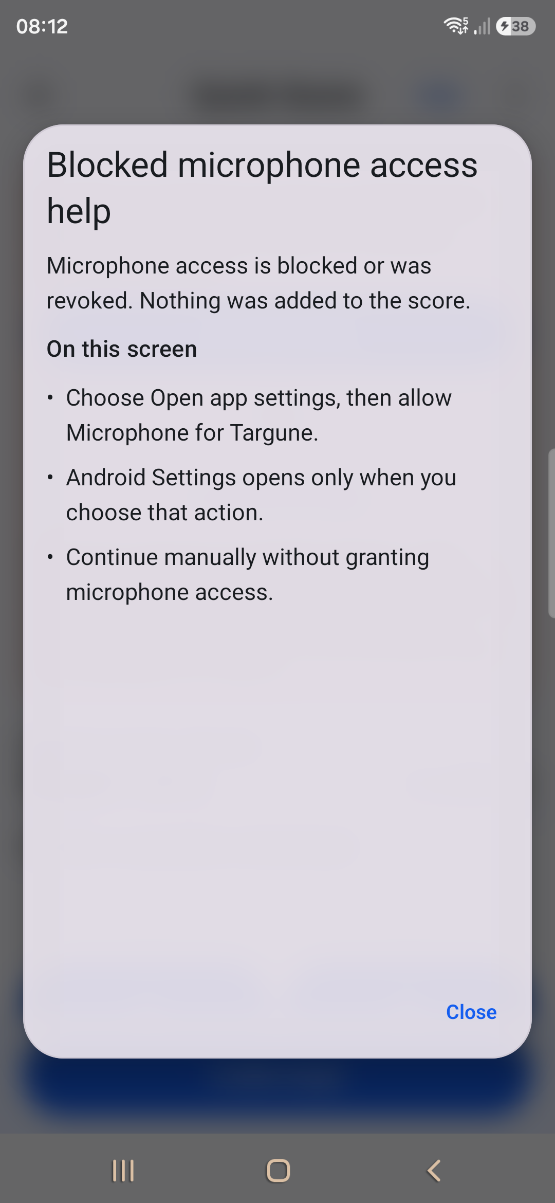 Targune Blocked microphone access help explaining Open app settings and the manual fallback