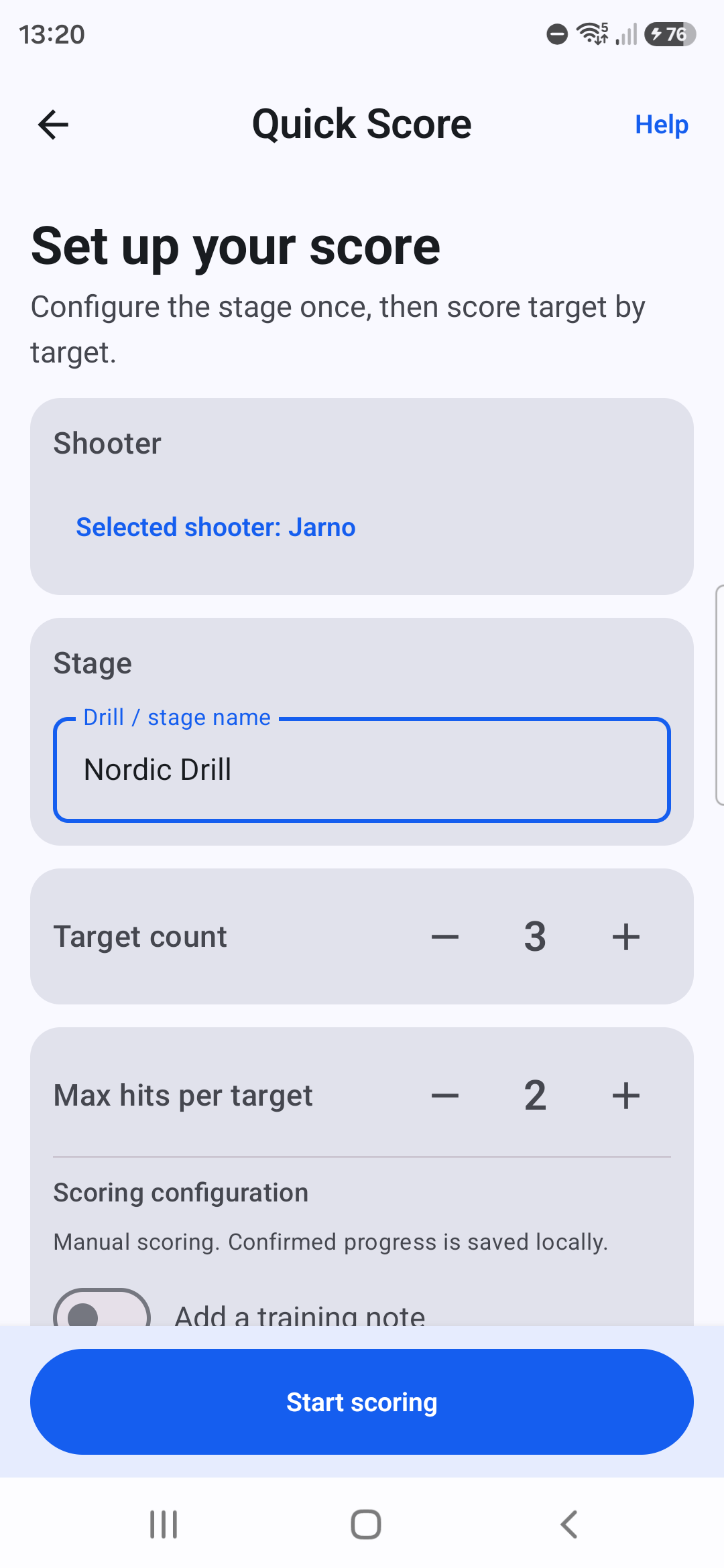 Targune Quick Score setup with shooter, stage, target count, and maximum-hit fields