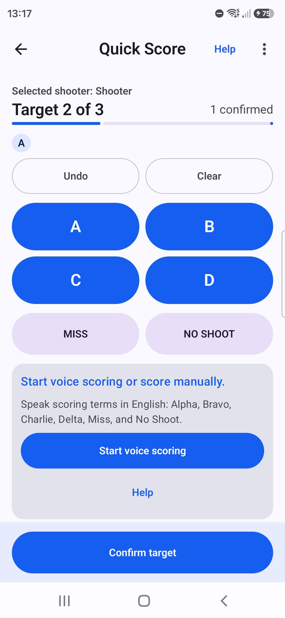 Targune active Quick Score on Target 2 with manual hit controls and Target 1 confirmed