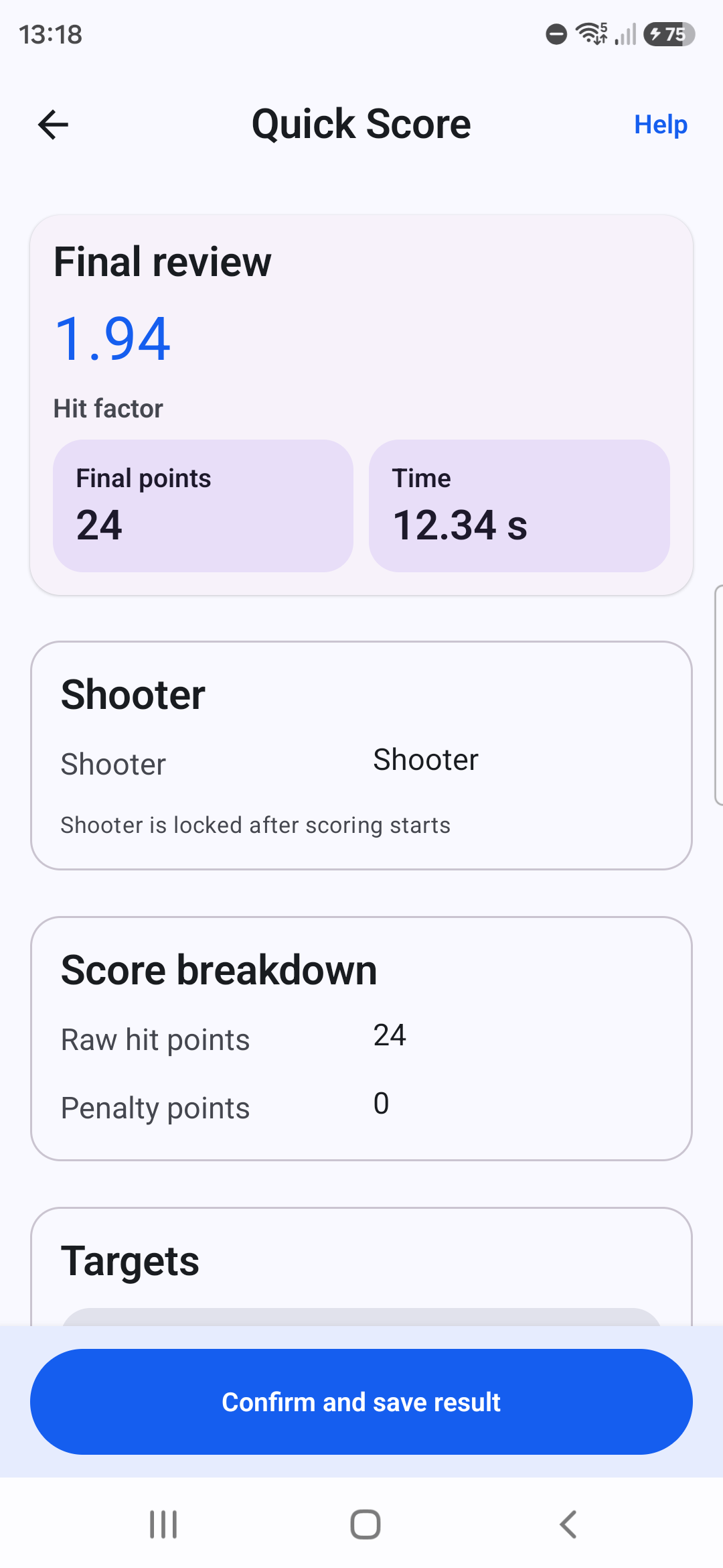 Targune Final review showing 24 final points, 12.34 second time, and 1.94 hit factor