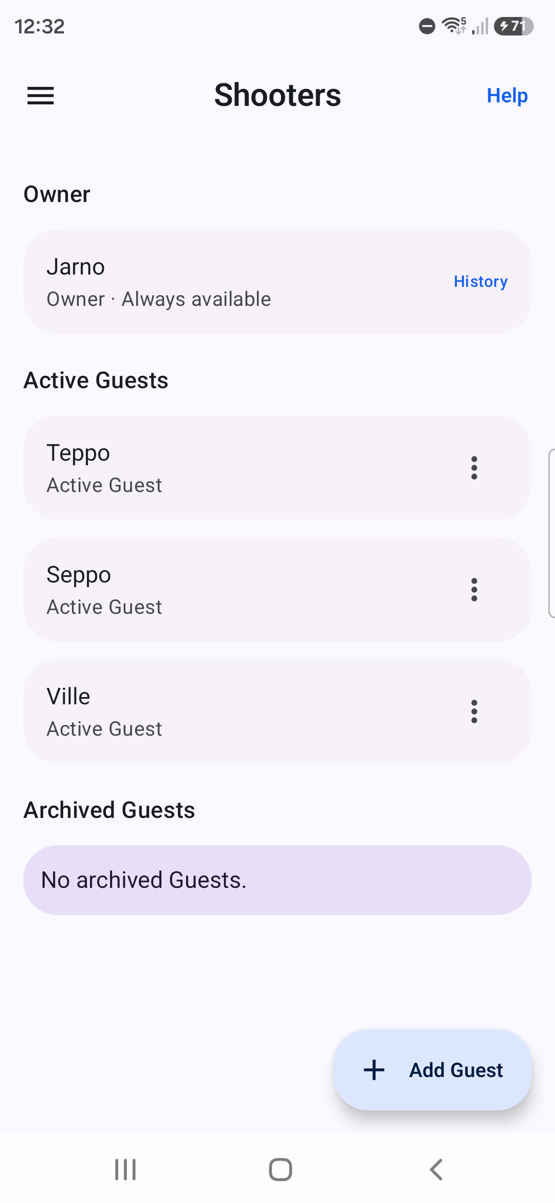Targune Shooters screen with one Owner and three Guest shooters