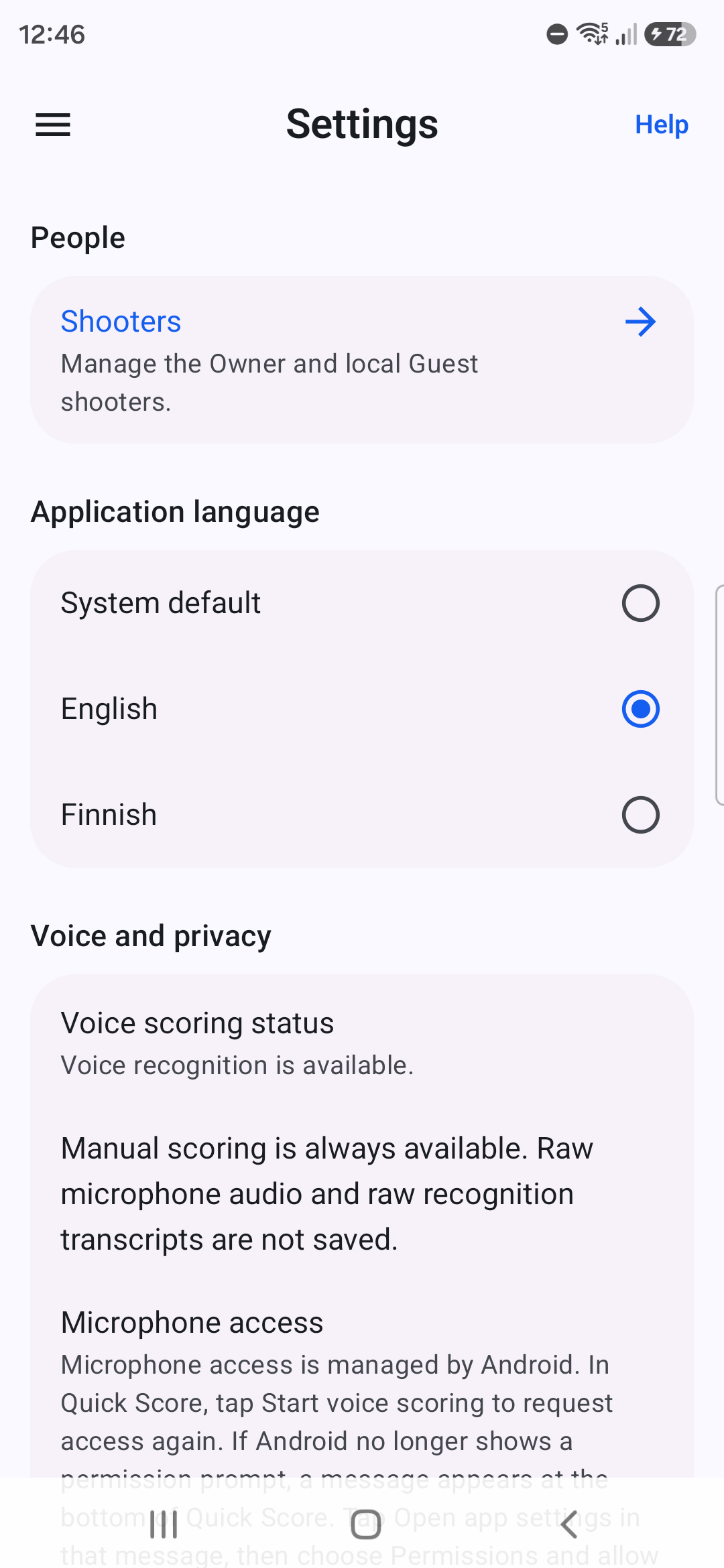 Targune Settings showing language, shooters, voice and privacy, and app information