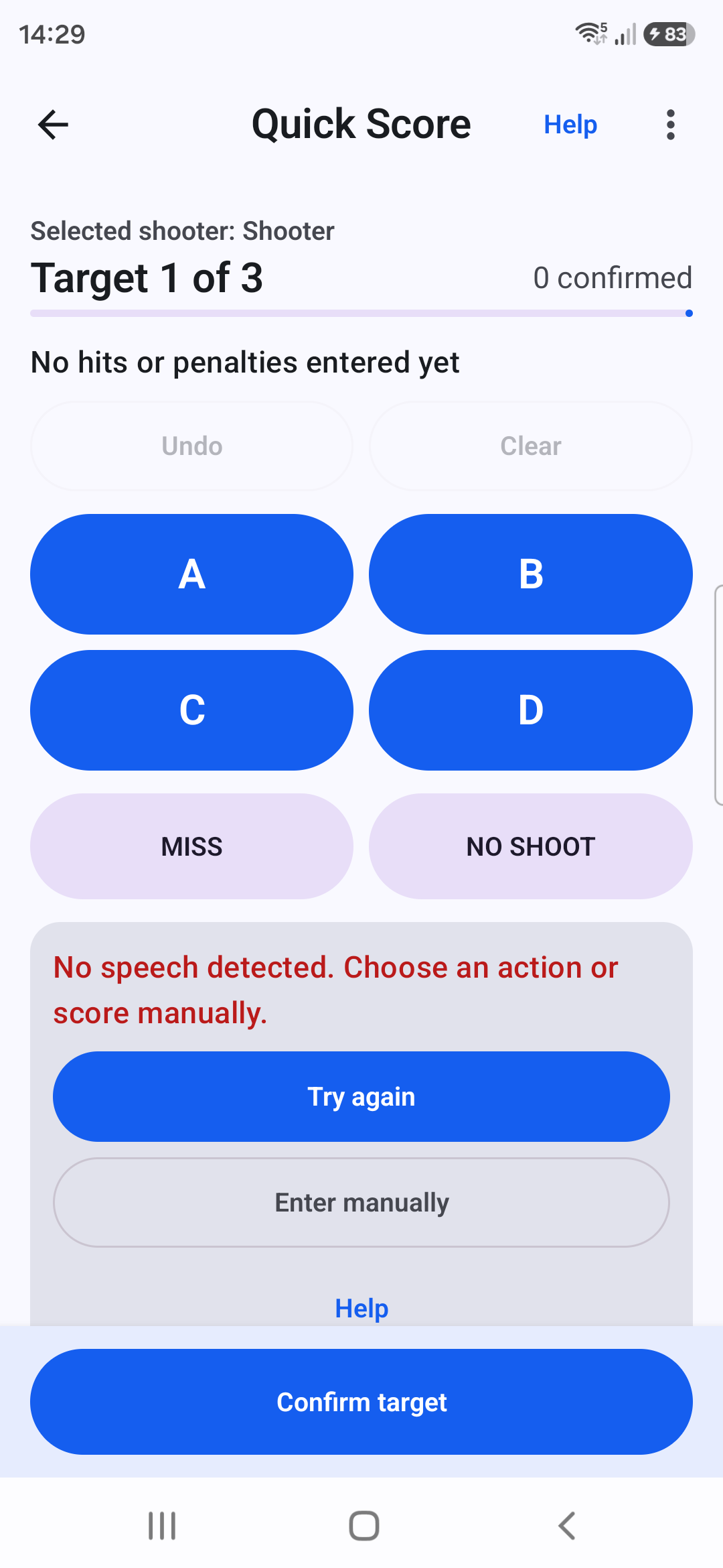 Targune no-speech message with Try again and Enter manually actions
