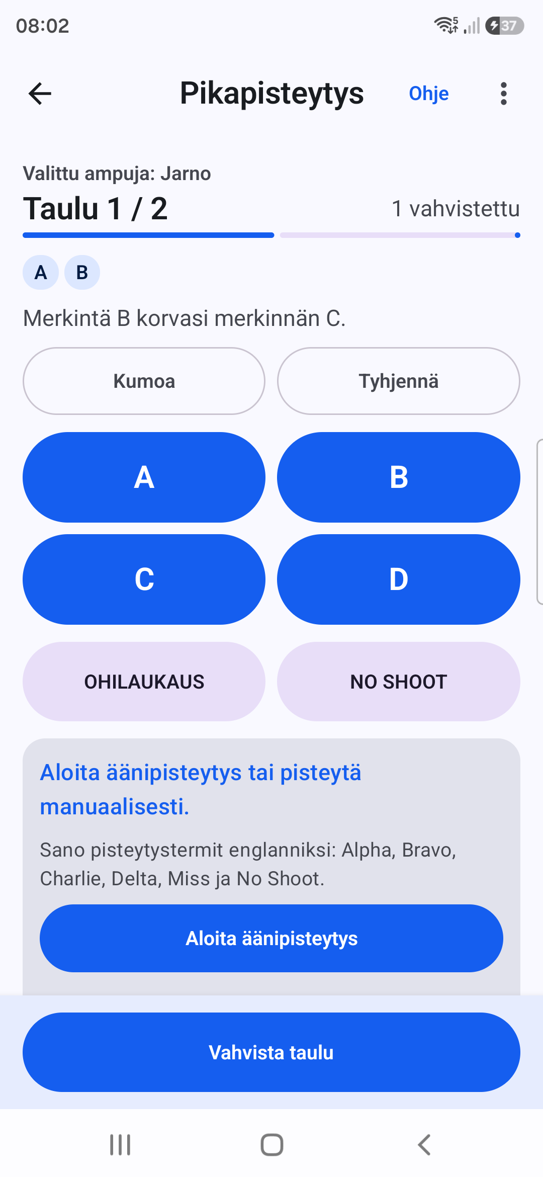 Targunen taulun 1 manuaalinen korjaus, jossa B korvaa C:n ennen Vahvista taulu -toimintoa