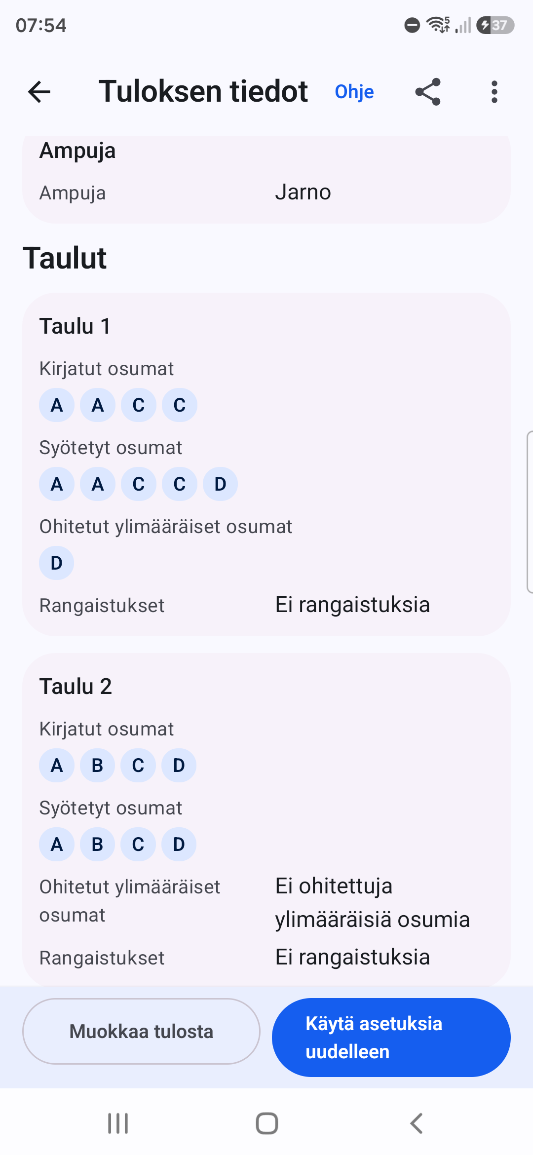 Targunen Tuloksen tiedot taululle 1: kirjatut osumat A A C C, syötetyt osumat A A C C D ja ohitettu ylimääräinen osuma D