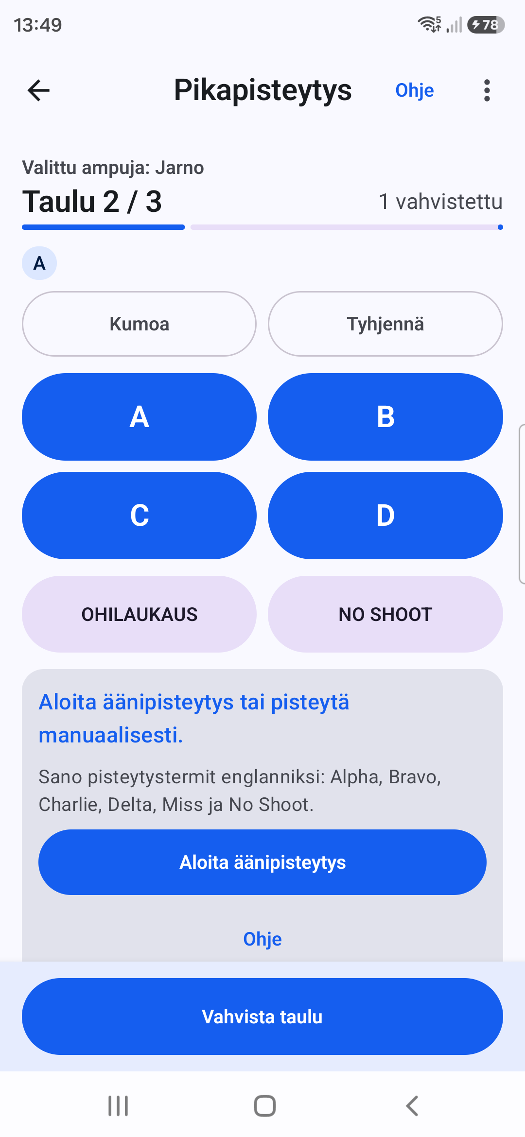 Targunen aktiivinen Pikapisteytys taululla 2 ja taulu 1 vahvistettuna