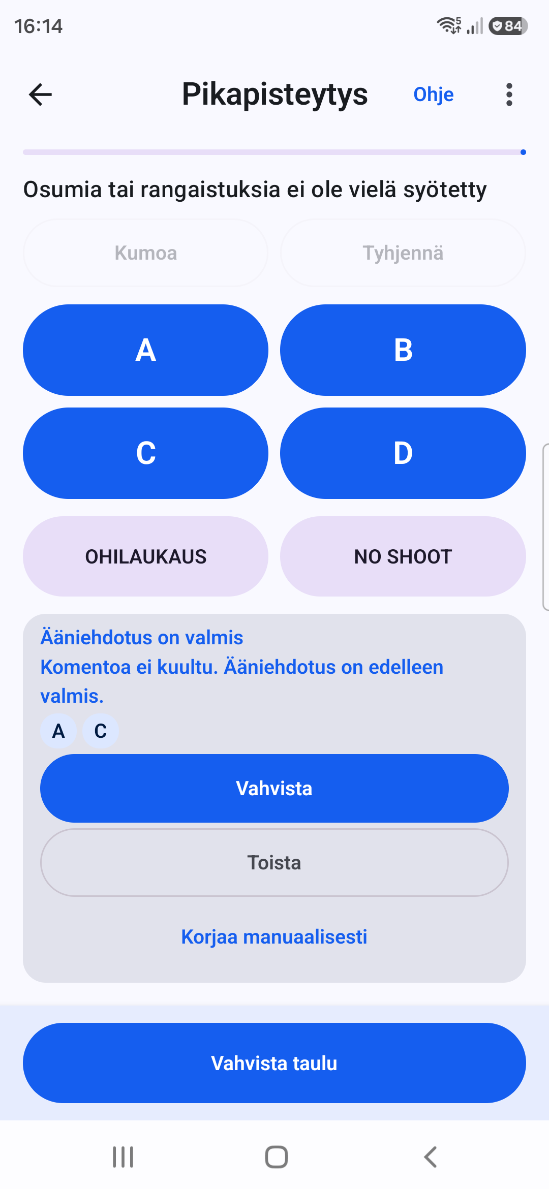Targunen tulkitsema A- ja C-ääniehdotus, jossa näkyvät Vahvista, Toista ja Korjaa manuaalisesti