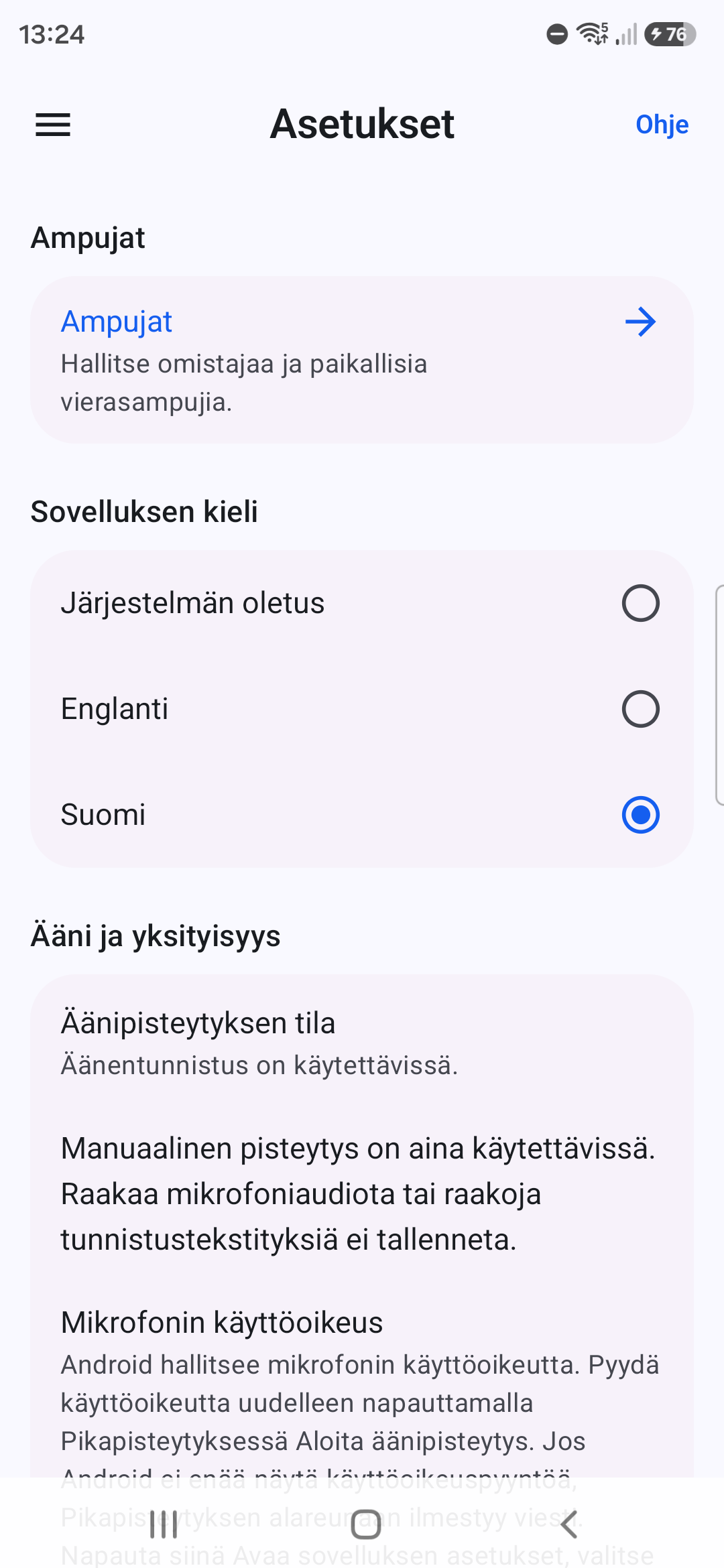 Targunen Asetukset, joissa näkyvät kieli, ampujat, ääni ja yksityisyys sekä sovelluksen tiedot