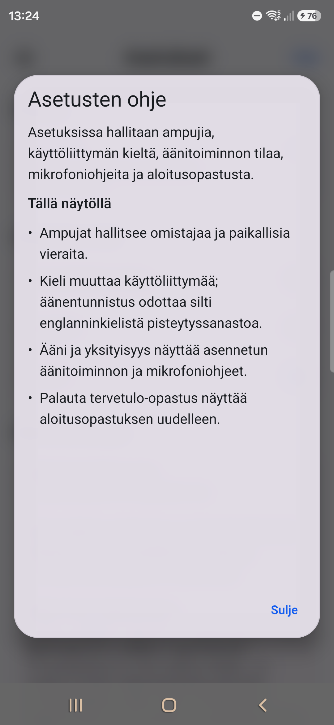 Targunen suomenkielinen Asetusten ohjeikkuna