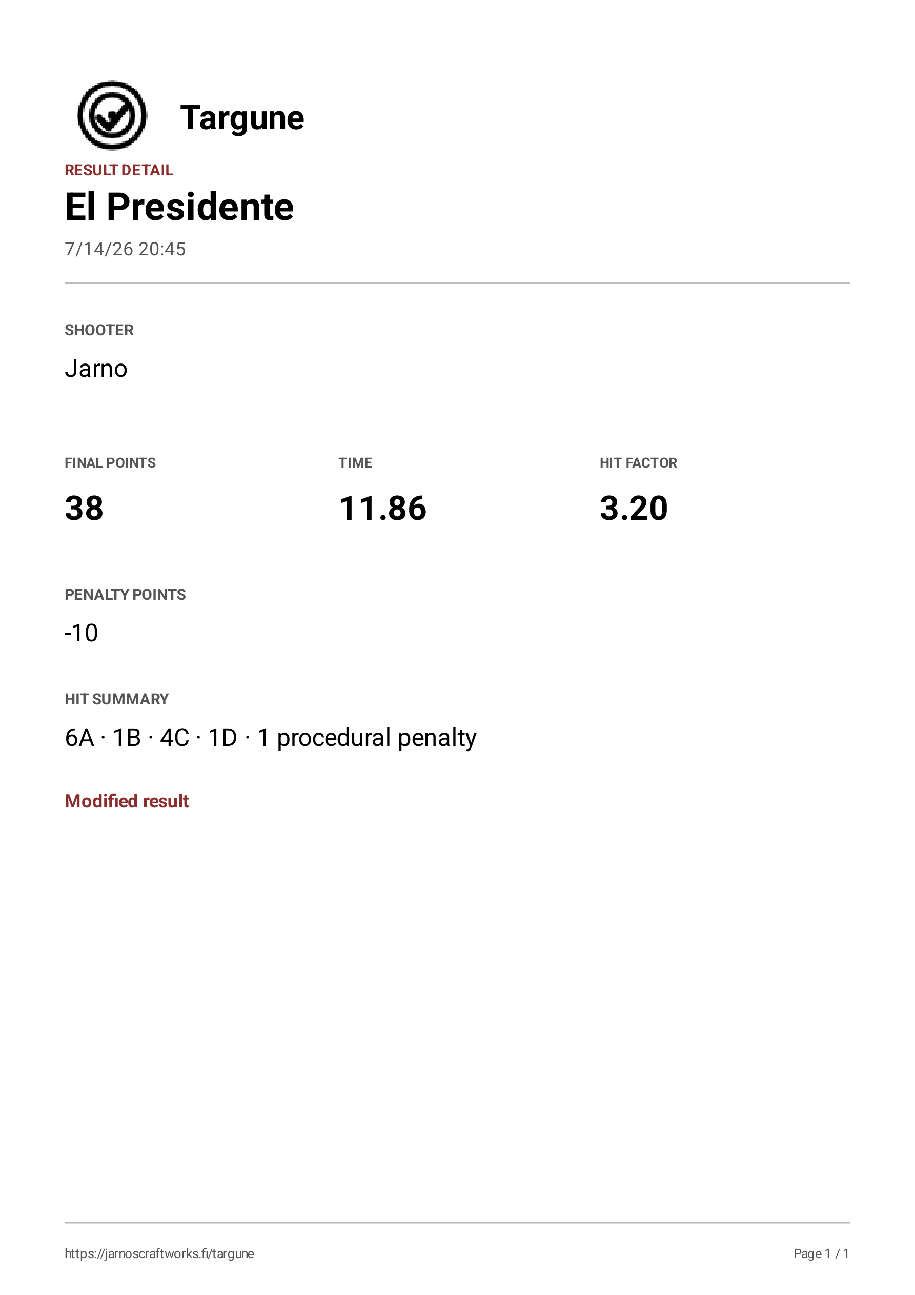 Generated Targune individual result PDF for El Presidente
