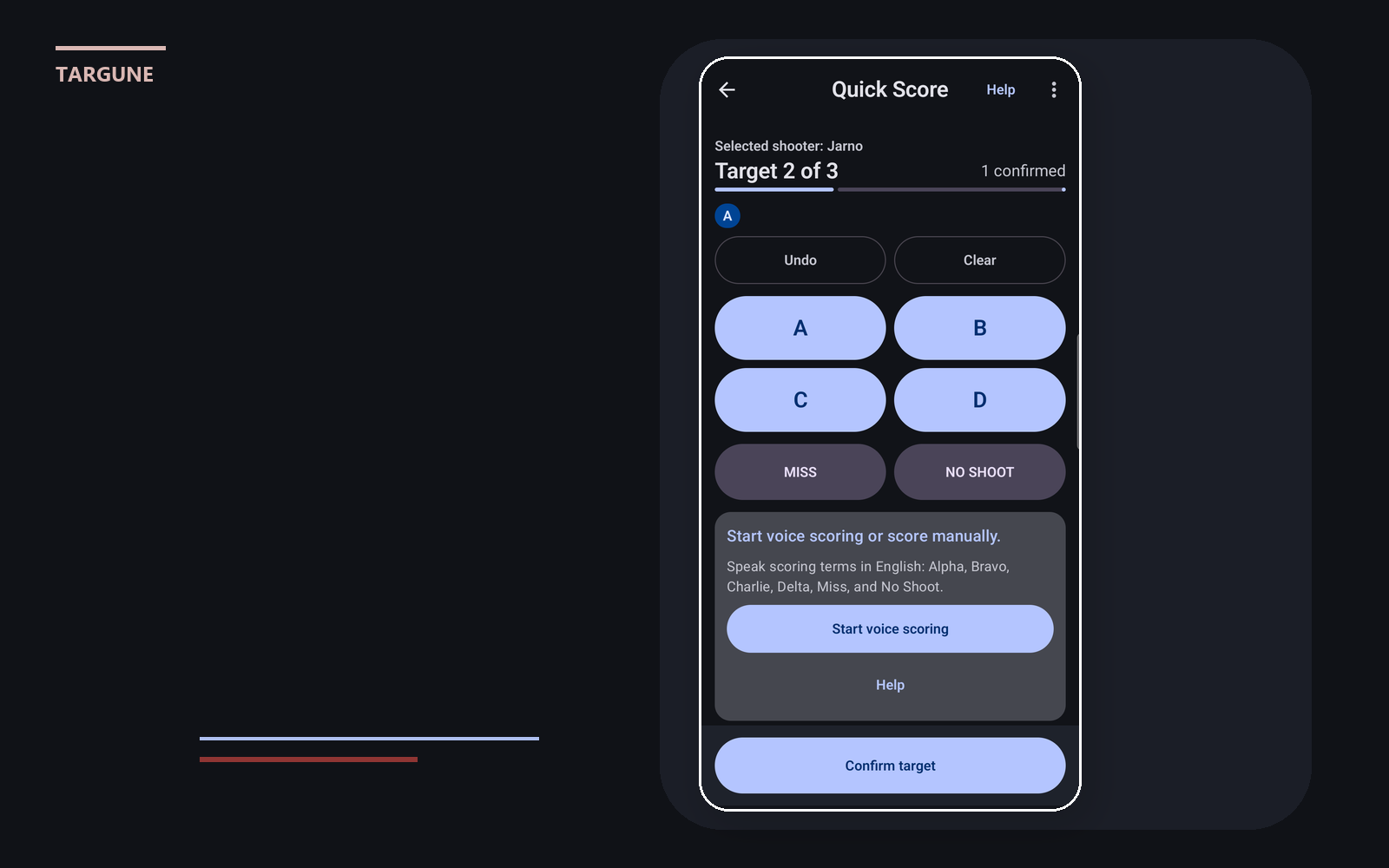Targune active Quick Score in the dark theme for range use