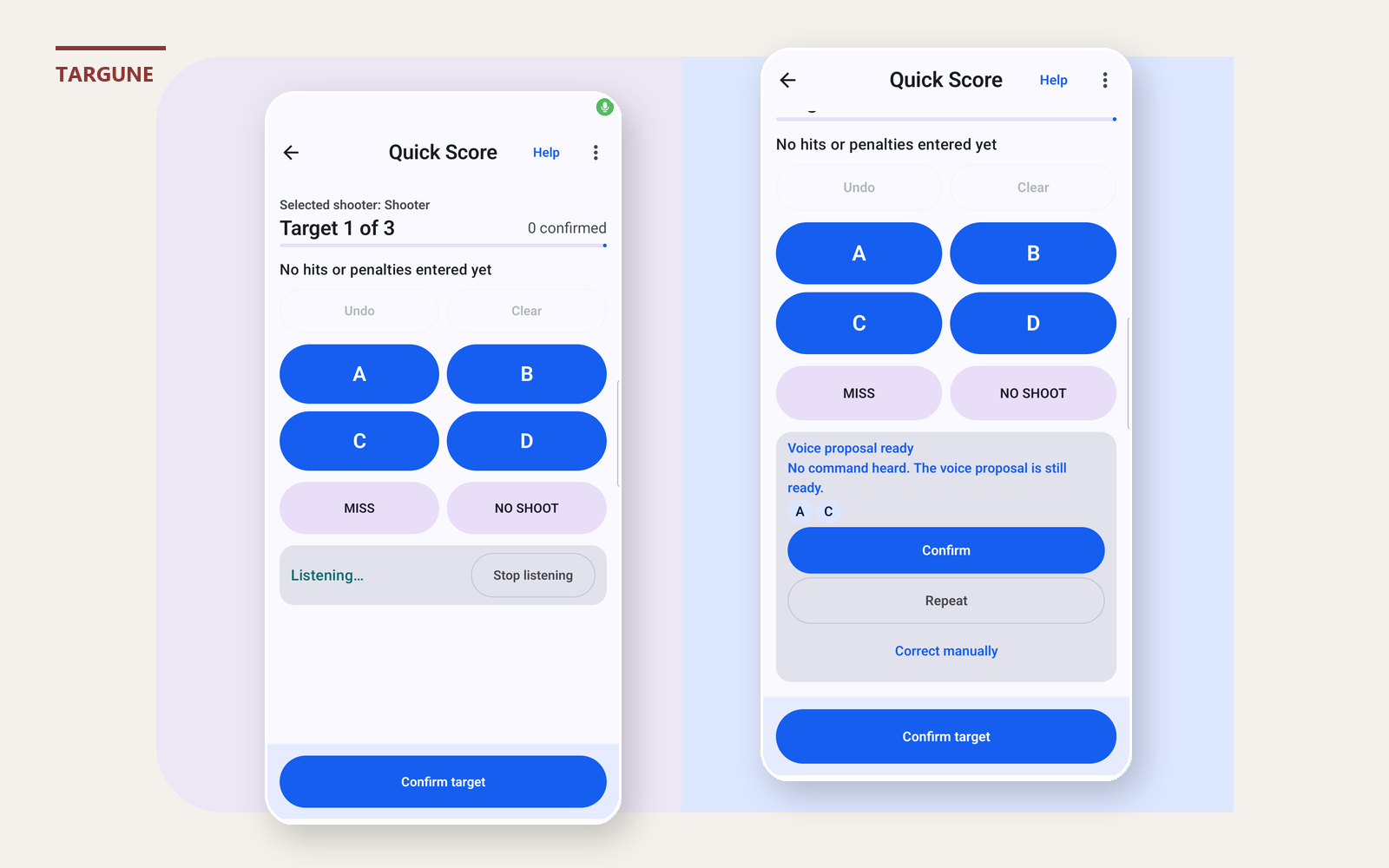 Targune voice workflow showing active listening and an interpreted score proposal ready for review